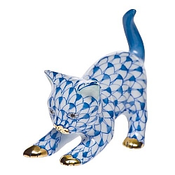 Herend   Animals   Cats - Herend Stretching Kitty Blue