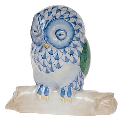 Herend   Animals   Birds - Herend Owl On Branch Blue