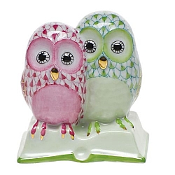 Herend   Animals   Birds - Herend Pair Of Owls On Book Multicolor