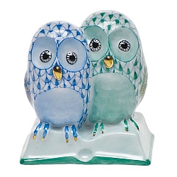 Herend   Animals   Birds - Herend Pair Of Owls On Book Multicolor