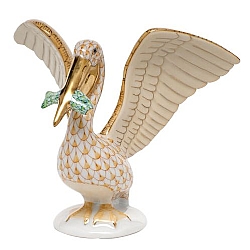 Herend   Animals   Birds - Herend Pelican with fish Butterscotch and Lime