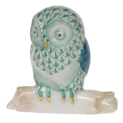 Herend   Animals   Birds - Herend Owl On Branch Green